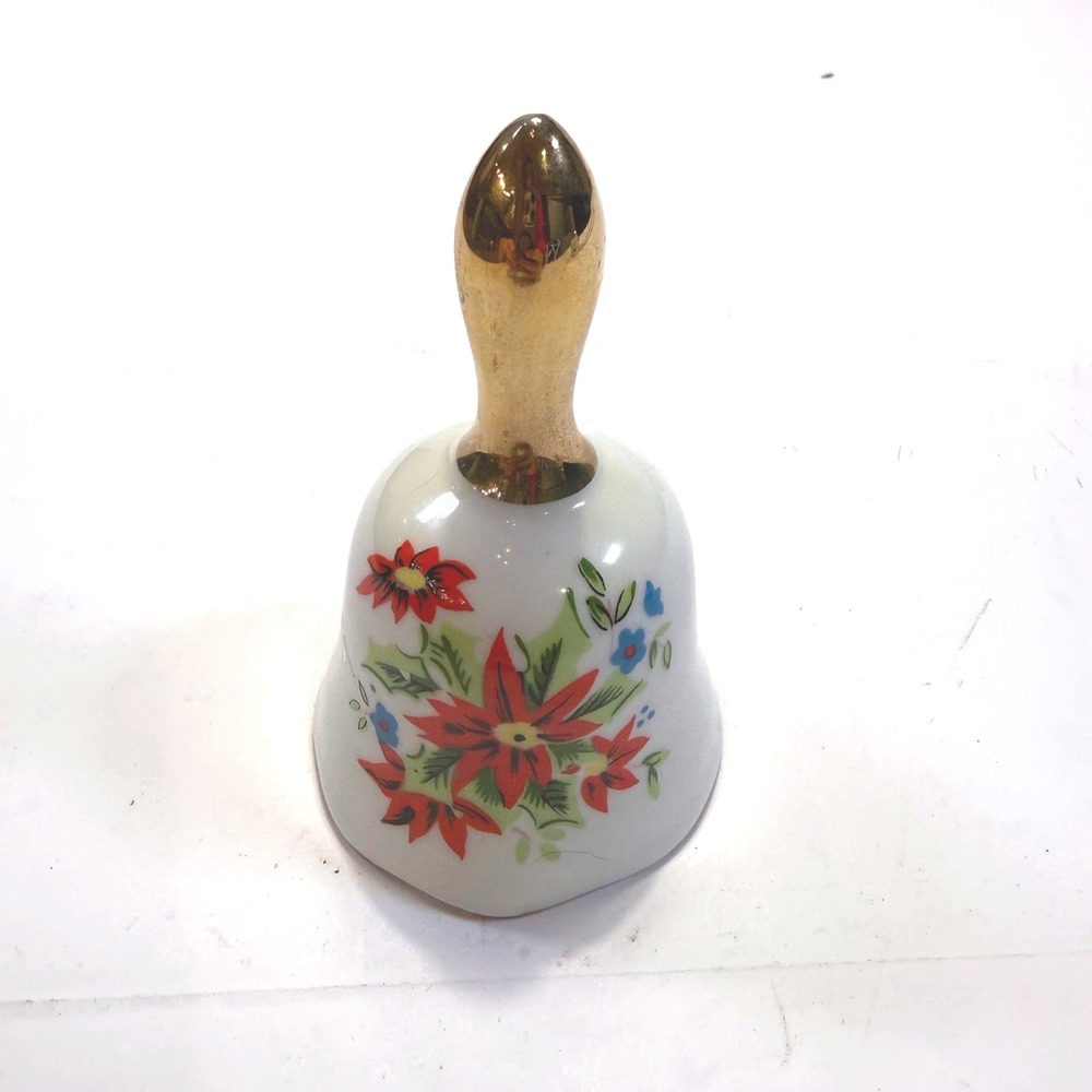 Vintage Enesco Japan Porcelain Christmas Bell Poinsettia Floral Gold Handle 4in‎